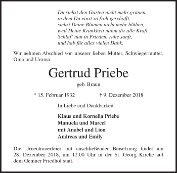 Traueranzeige von Gertrud Priebe von Lübecker Nachrichten