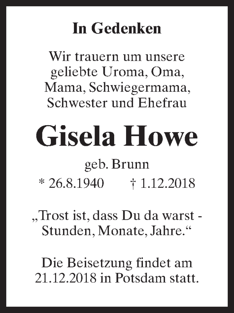  Traueranzeige für Gisela Howe vom 15.12.2018 aus Märkischen Allgemeine Zeitung