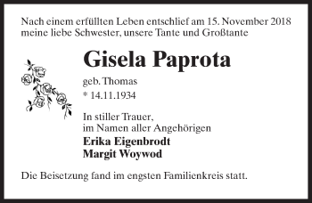 Traueranzeige von Gisela Paprota von Märkischen Allgemeine Zeitung