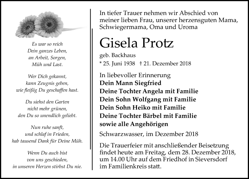  Traueranzeige für Gisela Protz vom 28.12.2018 aus Märkischen Allgemeine Zeitung