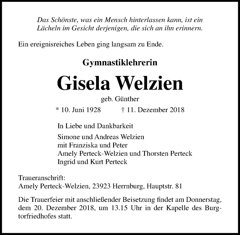  Traueranzeige für Gisela Welzien vom 16.12.2018 aus Lübecker Nachrichten