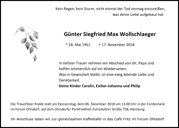 Traueranzeige von Günter Siegfried Max Wollschlaeger von Kieler Nachrichten