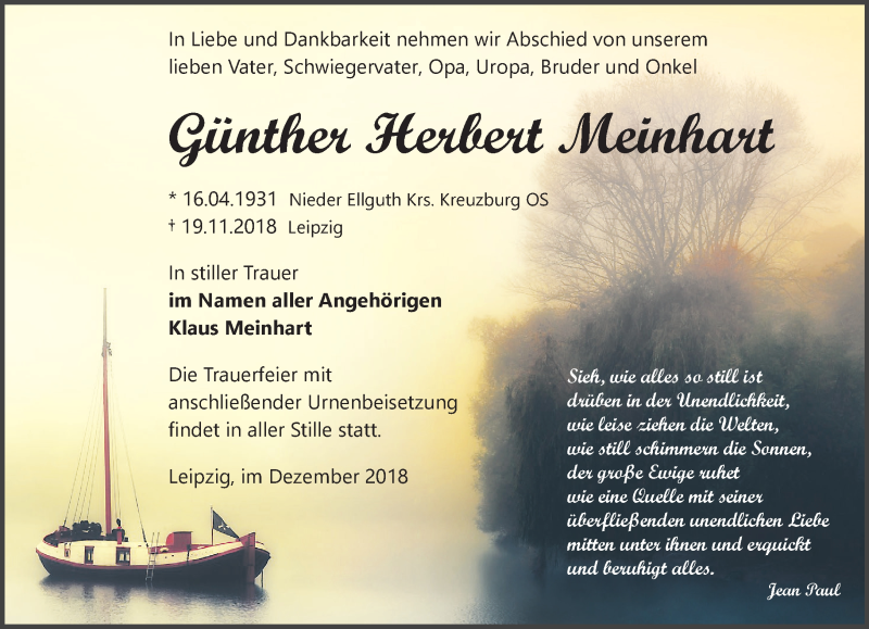  Traueranzeige für Günther Herbert Meinhart vom 15.12.2018 aus Leipziger Volkszeitung