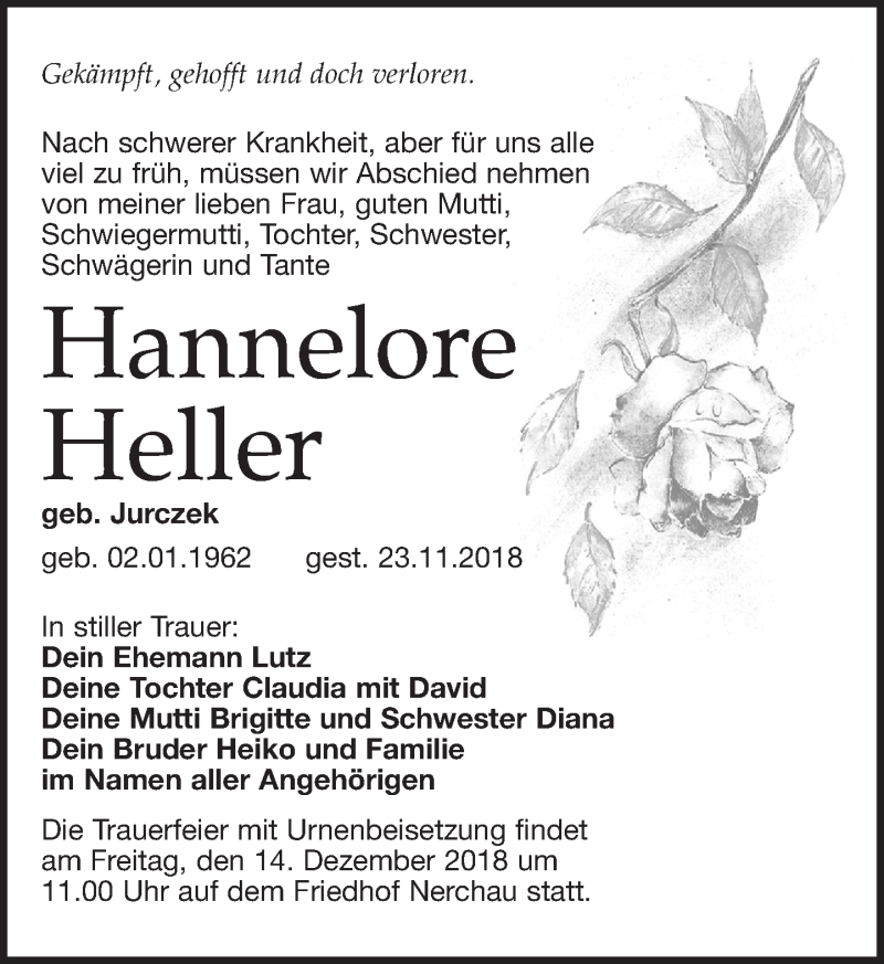 Traueranzeige für Hannelore Heller vom 08.12.2018 aus Leipziger Volkszeitung