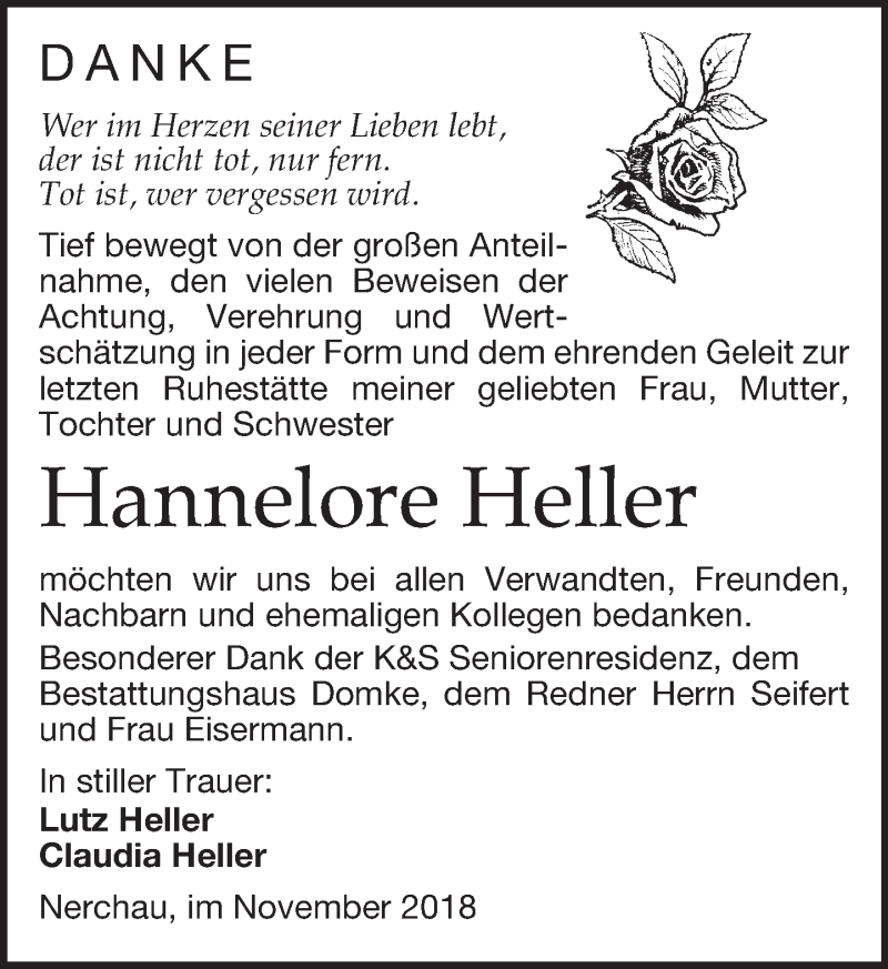 Traueranzeige für Hannelore Heller vom 22.12.2018 aus Leipziger Volkszeitung