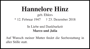 Traueranzeige von Hannelore Hinz von Lübecker Nachrichten