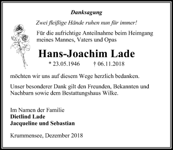 Traueranzeige von Hans-Joachim Lade von Märkischen Allgemeine Zeitung