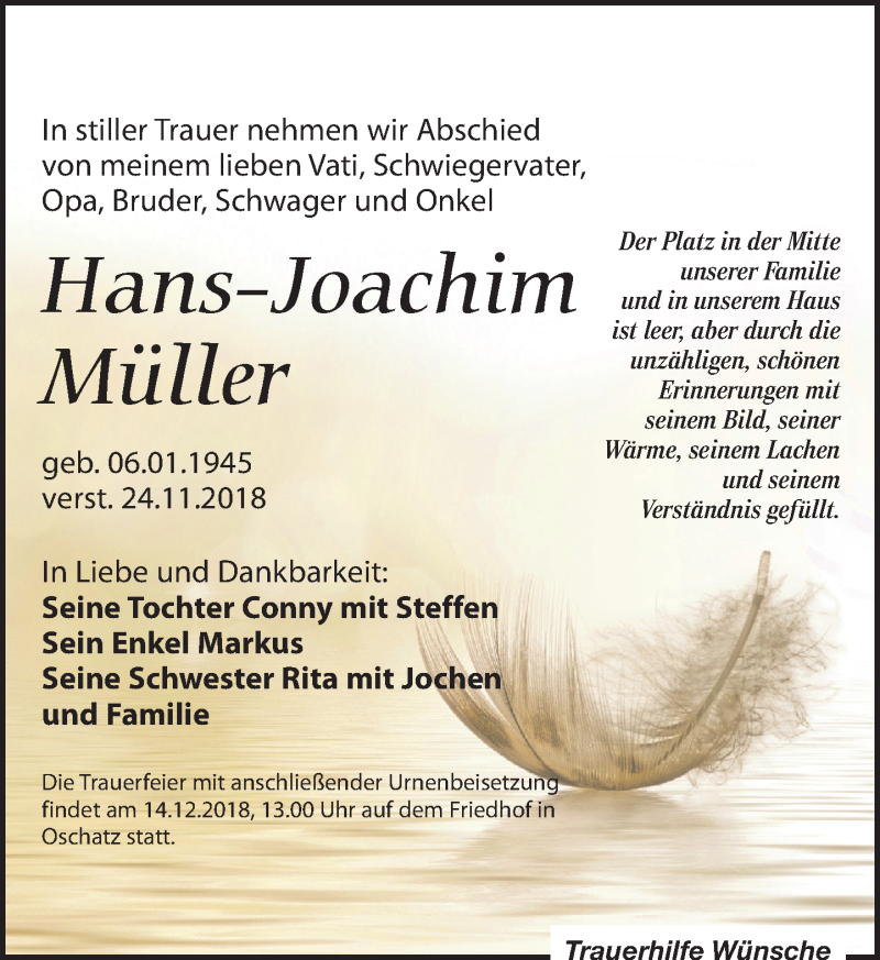  Traueranzeige für Hans-Joachim Müller vom 01.12.2018 aus Leipziger Volkszeitung
