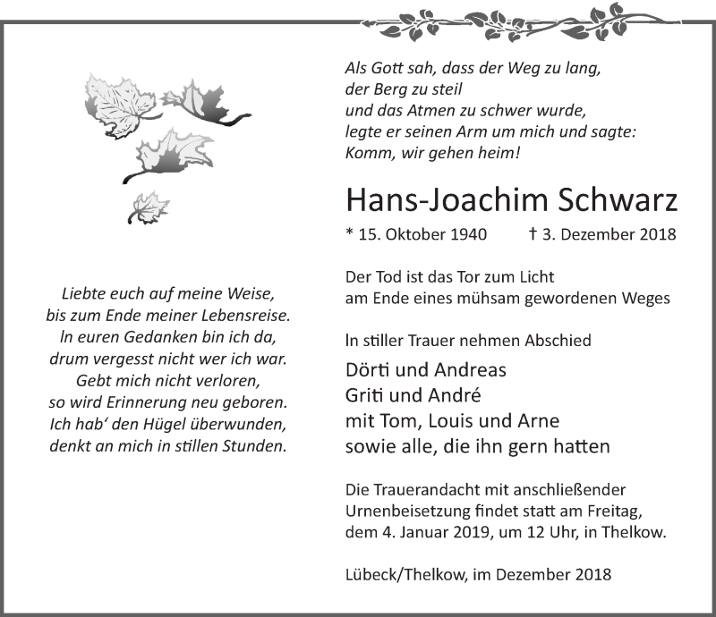  Traueranzeige für Hans-Joachim Schwarz vom 22.12.2018 aus Ostsee-Zeitung GmbH