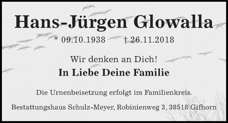  Traueranzeige für Hans-Jürgen Glowalla vom 01.12.2018 aus Aller Zeitung