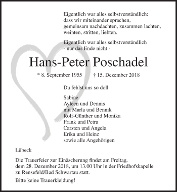 Traueranzeige von Hans-Peter Poschadel von Lübecker Nachrichten