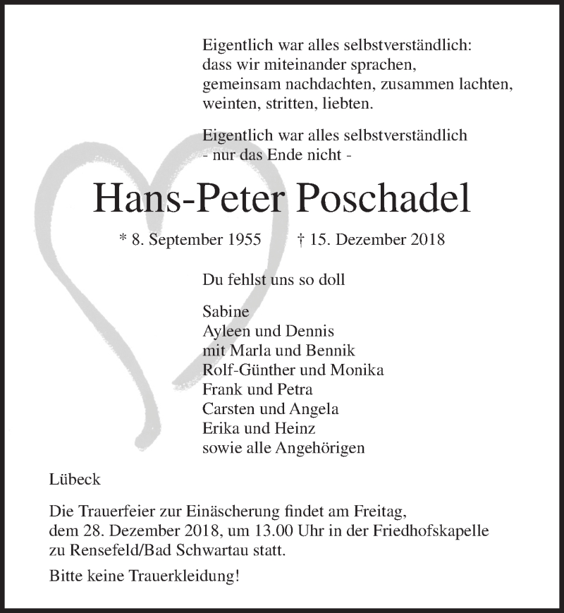  Traueranzeige für Hans-Peter Poschadel vom 23.12.2018 aus Lübecker Nachrichten