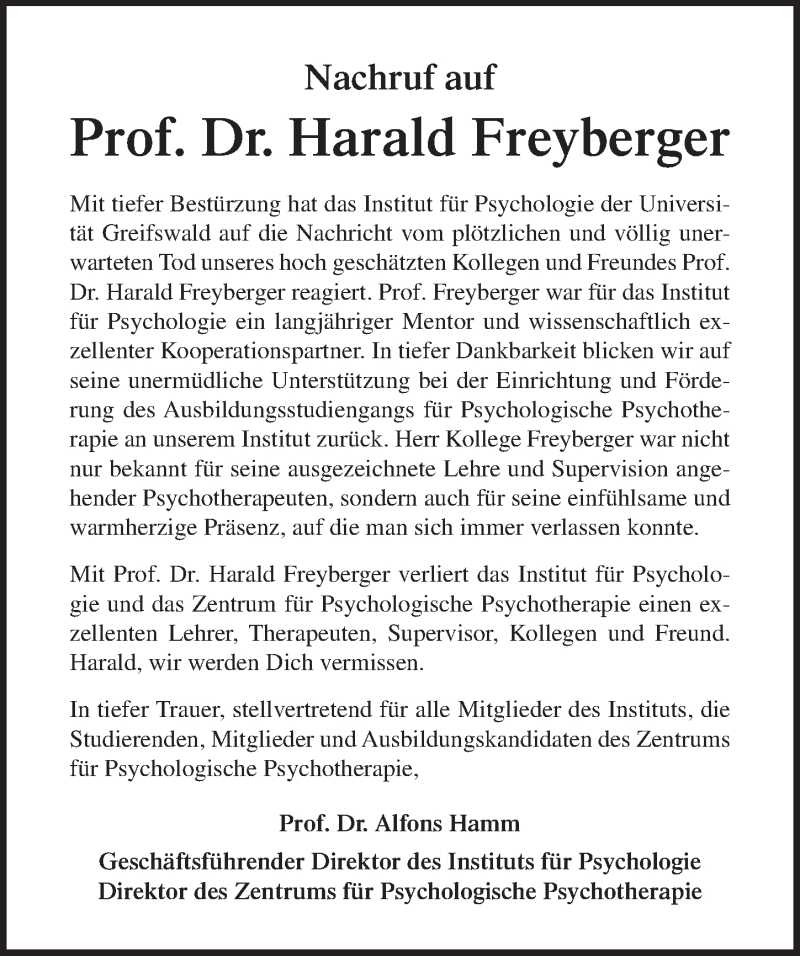  Traueranzeige für Harald Freyberger vom 12.12.2018 aus Ostsee-Zeitung GmbH