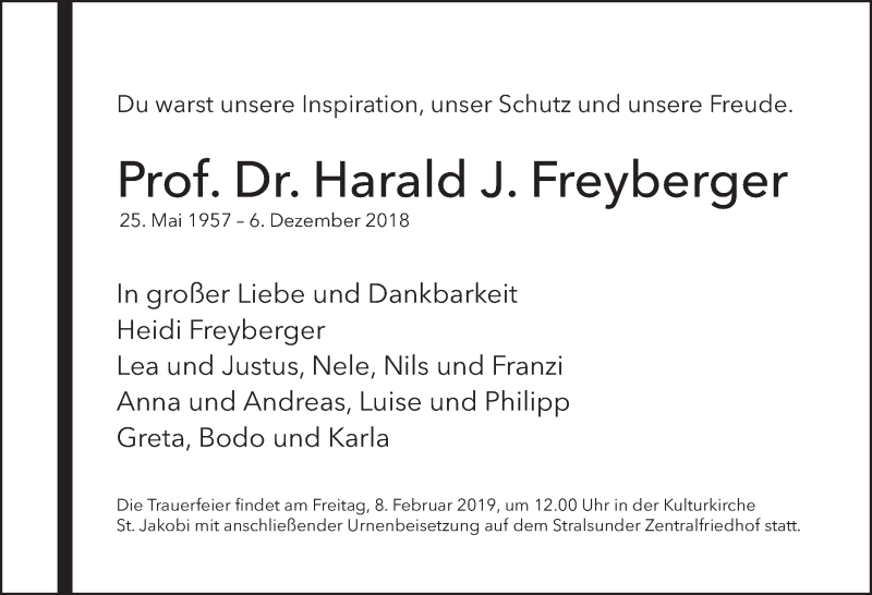  Traueranzeige für Harald Freyberger vom 15.12.2018 aus Ostsee-Zeitung GmbH