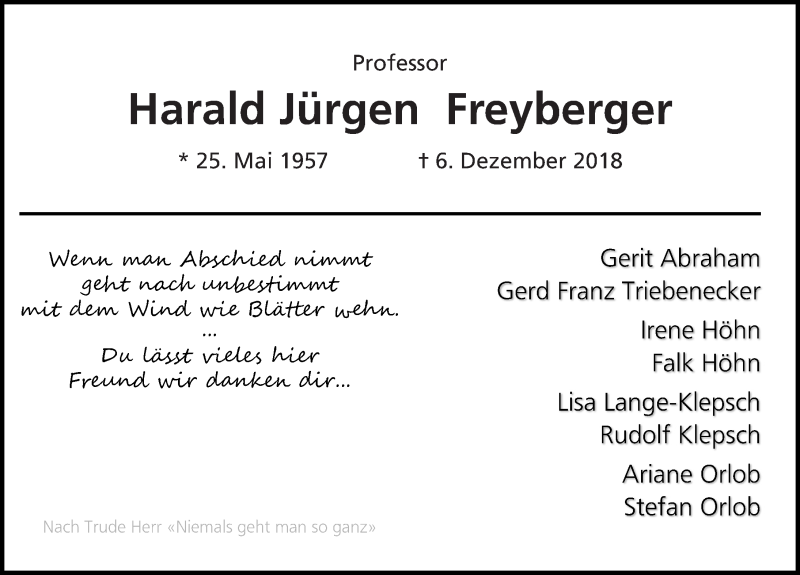  Traueranzeige für Harald Jürgen Freyberger vom 15.12.2018 aus Ostsee-Zeitung GmbH