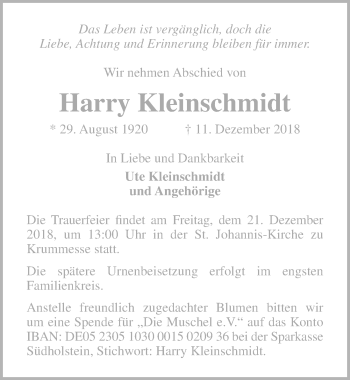 Traueranzeige von Harry Kleinschmidt von Lübecker Nachrichten