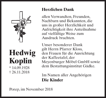 Traueranzeige von Hedwig Koplin von Märkischen Allgemeine Zeitung