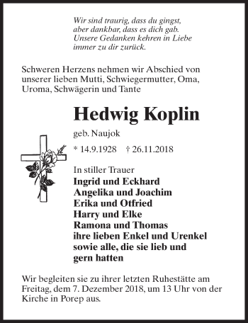 Traueranzeige von Hedwig Koplin von Märkischen Allgemeine Zeitung