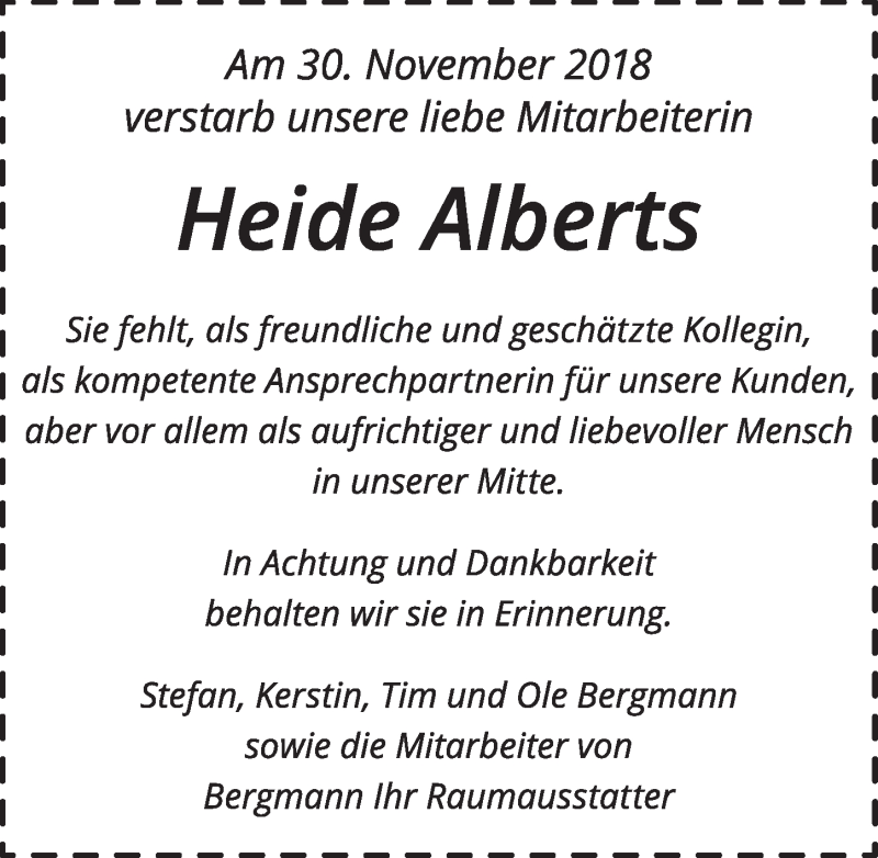  Traueranzeige für Heide Alberts vom 08.12.2018 aus Ostsee-Zeitung GmbH