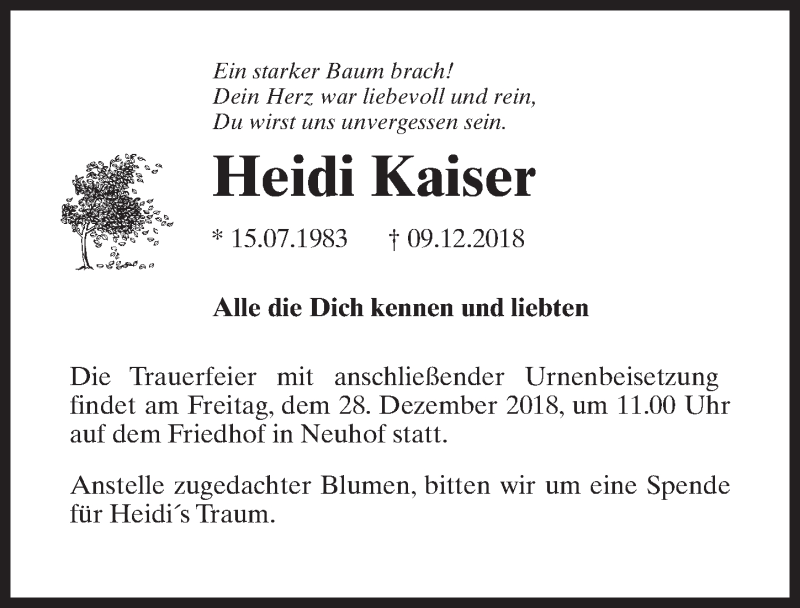  Traueranzeige für Heidi Kaiser vom 15.12.2018 aus Märkischen Allgemeine Zeitung