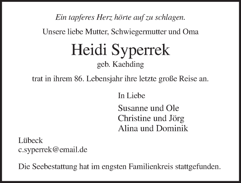  Traueranzeige für Heidi Syperrek vom 09.12.2018 aus Lübecker Nachrichten