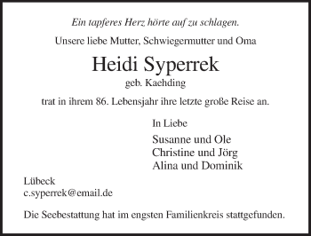 Traueranzeige von Heidi Syperrek von Lübecker Nachrichten