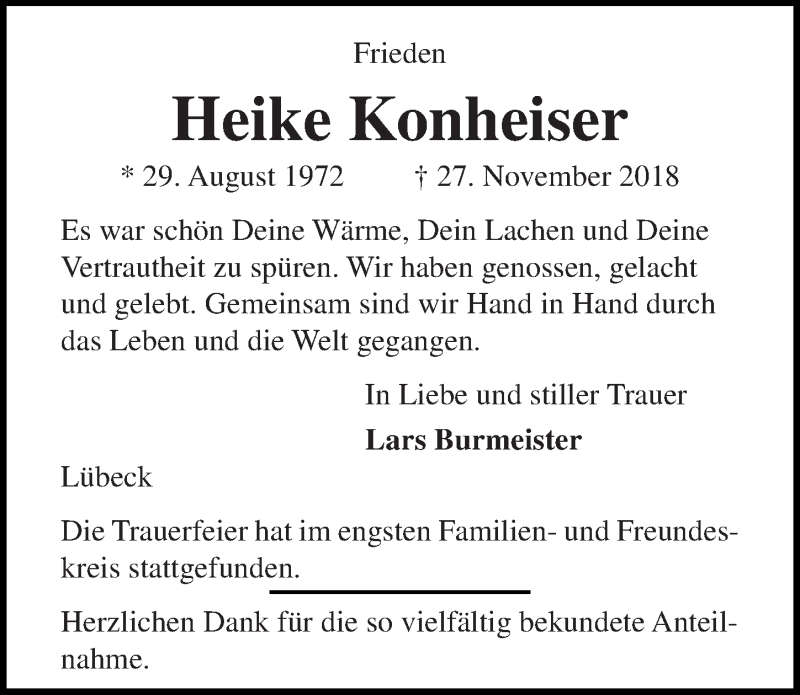  Traueranzeige für Heike Konheiser vom 23.12.2018 aus Lübecker Nachrichten