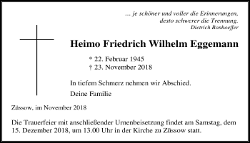 Traueranzeige von Heimo Friedrich Wilhelm Eggemann von Ostsee-Zeitung GmbH