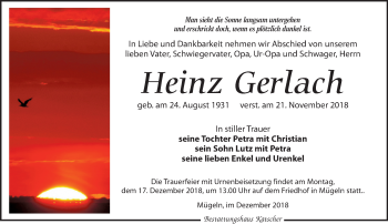 Traueranzeige von Heinz Gerlach von Leipziger Volkszeitung