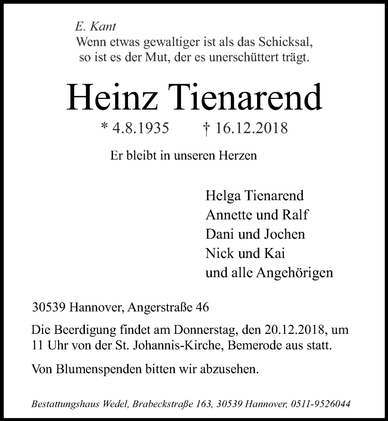  Traueranzeige für Heinz Tienarend vom 19.12.2018 aus Hannoversche Allgemeine Zeitung/Neue Presse
