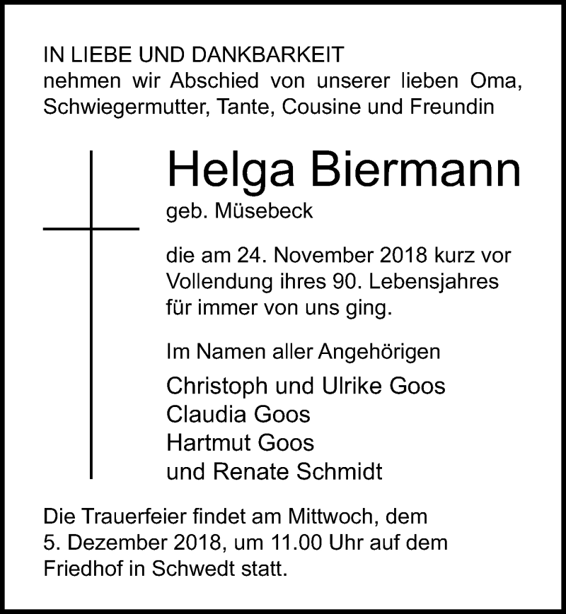  Traueranzeige für Helga Biermann vom 01.12.2018 aus Ostsee-Zeitung GmbH