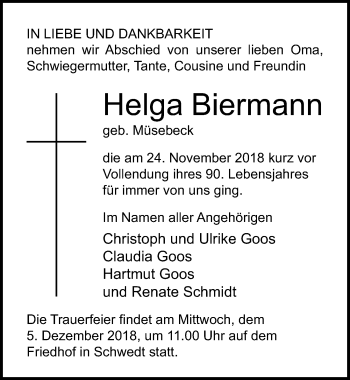 Traueranzeige von Helga Biermann von Ostsee-Zeitung GmbH