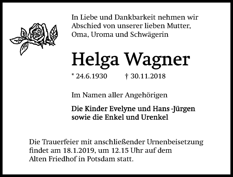 Traueranzeigen von Helga Wagner | trauer-anzeigen.de