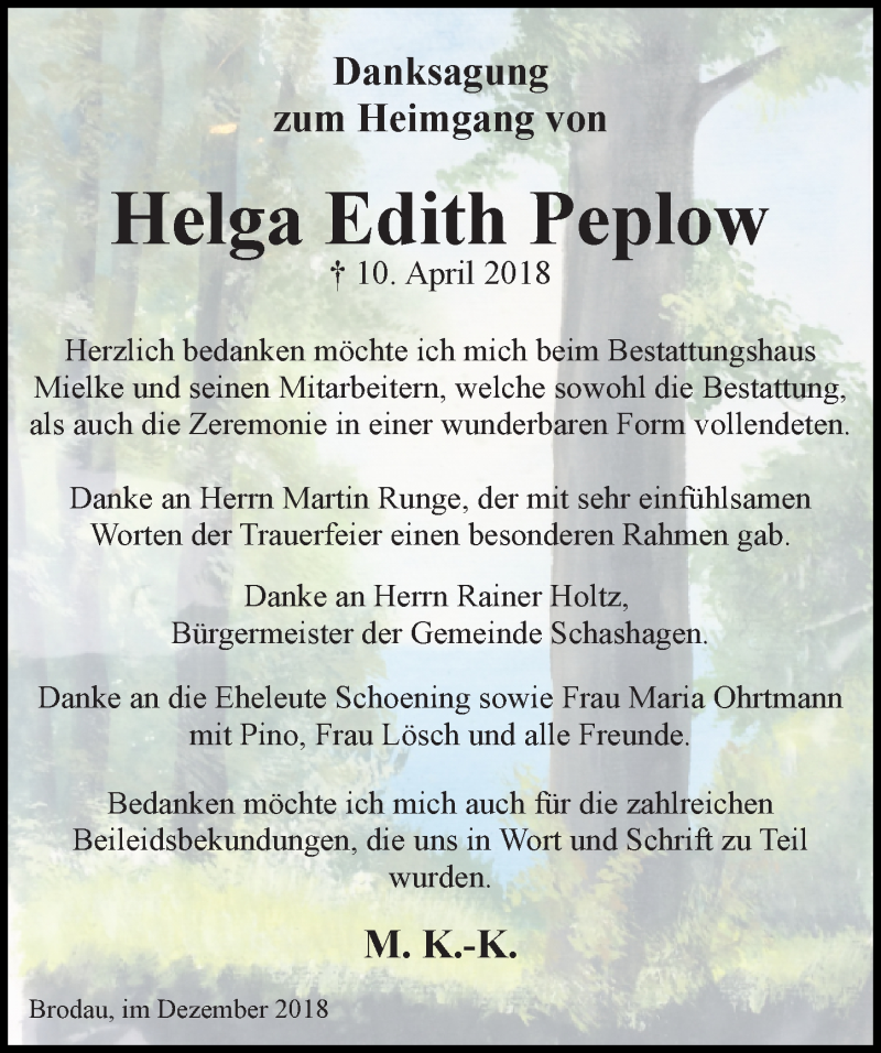  Traueranzeige für Helga Edith Peplow vom 09.12.2018 aus Lübecker Nachrichten