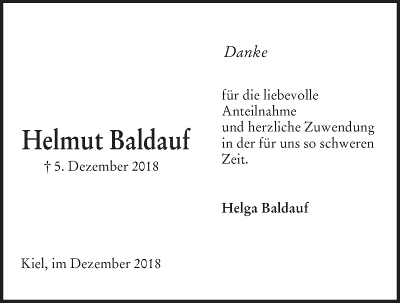  Traueranzeige für Helmut Baldauf vom 22.12.2018 aus Kieler Nachrichten
