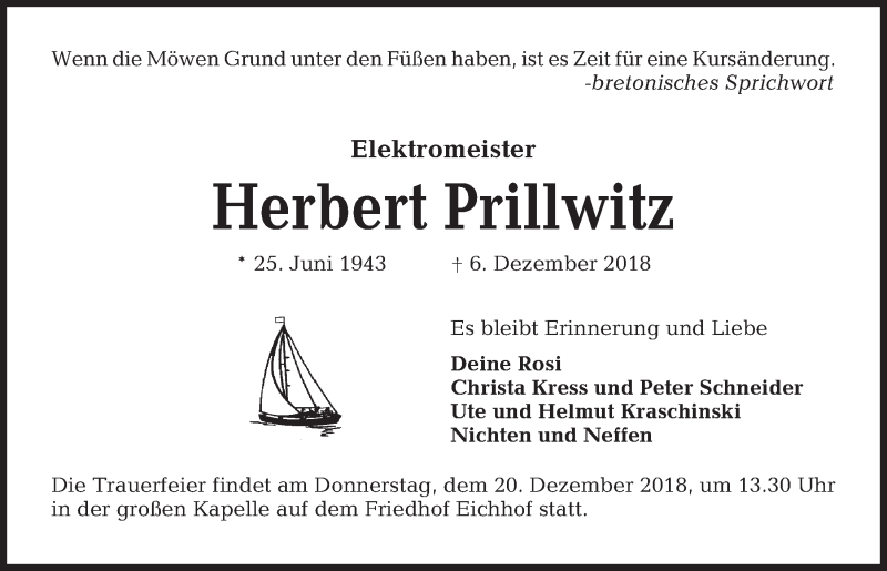  Traueranzeige für Herbert Prillwitz vom 15.12.2018 aus Kieler Nachrichten