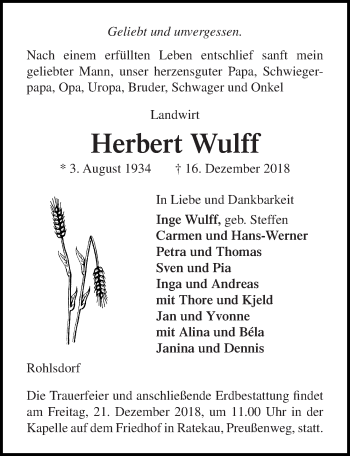 Traueranzeige von Herbert Wulff von Lübecker Nachrichten