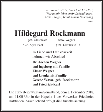 Traueranzeige von Hildegard Rockmann von Lübecker Nachrichten