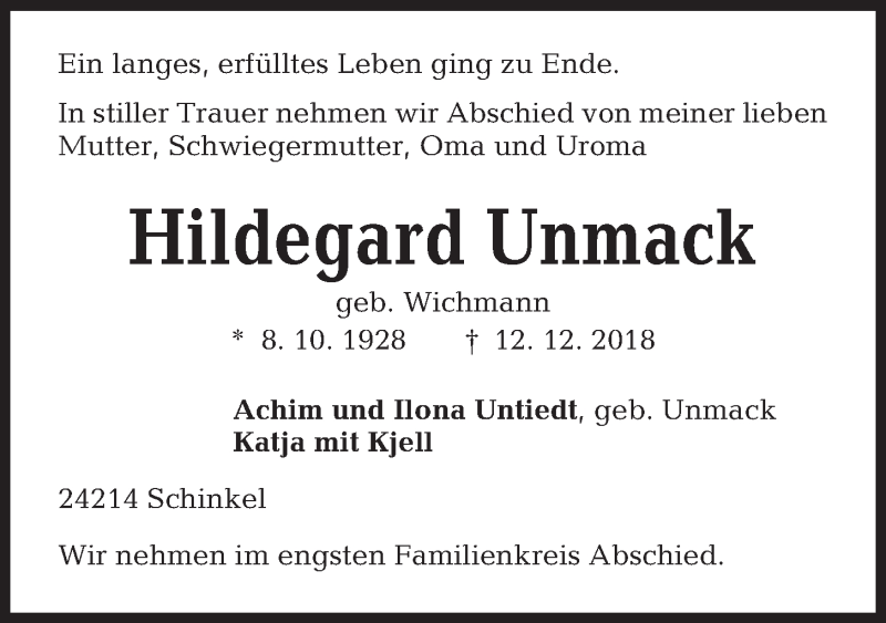  Traueranzeige für Hildegard Unmack vom 15.12.2018 aus Kieler Nachrichten
