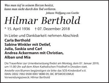 Traueranzeige von Hilmar Berthold von Dresdner Neue Nachrichten