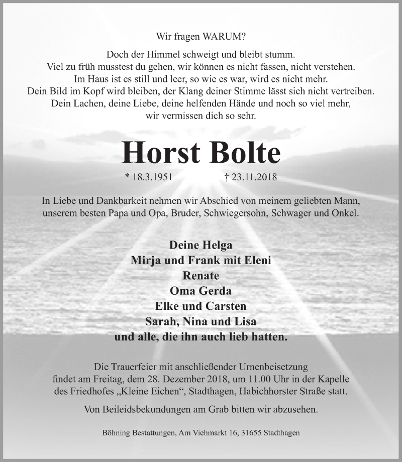  Traueranzeige für Horst Bolte vom 22.12.2018 aus Schaumburger Nachrichten