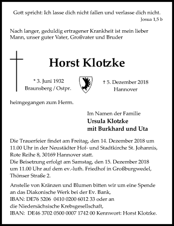 Traueranzeige von Horst Klotzke von Hannoversche Allgemeine Zeitung/Neue Presse