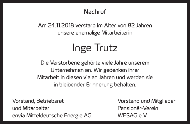  Traueranzeige für Inge Trutz vom 20.12.2018 aus Leipziger Volkszeitung