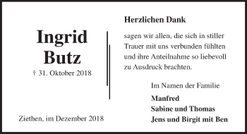 Traueranzeige von Ingrid Butz von Lübecker Nachrichten