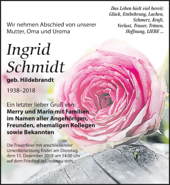 Traueranzeige von Ingrid Schmidt von Leipziger Volkszeitung