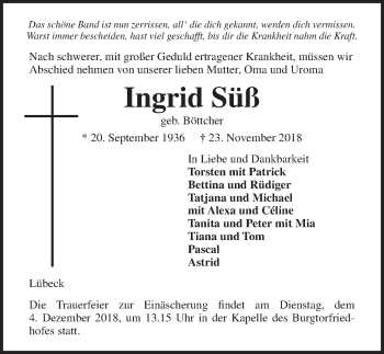 Traueranzeige von Ingrid Süß von Lübecker Nachrichten