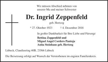 Traueranzeige von Ingrid Zeppenfeld von Lübecker Nachrichten