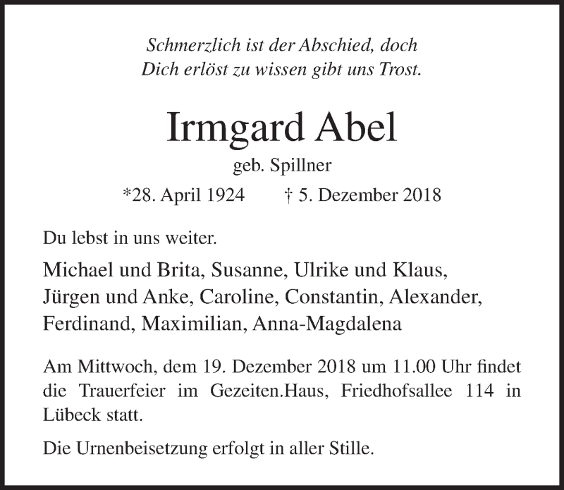  Traueranzeige für Irmgard Abel vom 16.12.2018 aus Lübecker Nachrichten