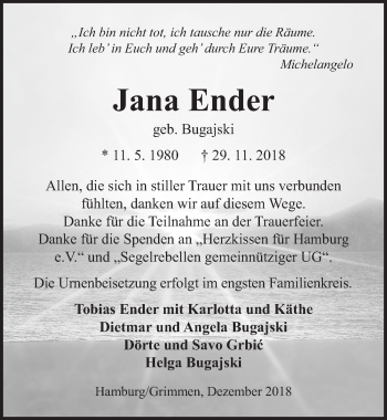 Traueranzeige von Jana Ender von Ostsee-Zeitung GmbH