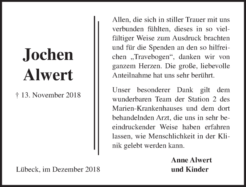  Traueranzeige für Jochen Alwert vom 09.12.2018 aus Lübecker Nachrichten